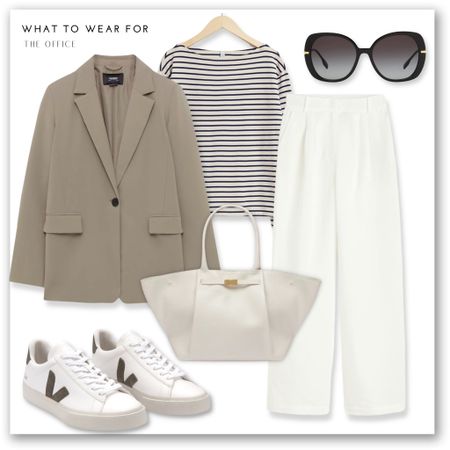 A neutral look for the office 🫶

Spring summer, white linen trousers, H&M, pull & bear beige blazer, Veja campo trainers, stripe top, & other stories, demellier tote bag

#LTKstyletip #LTKworkwear #LTKSeasonal