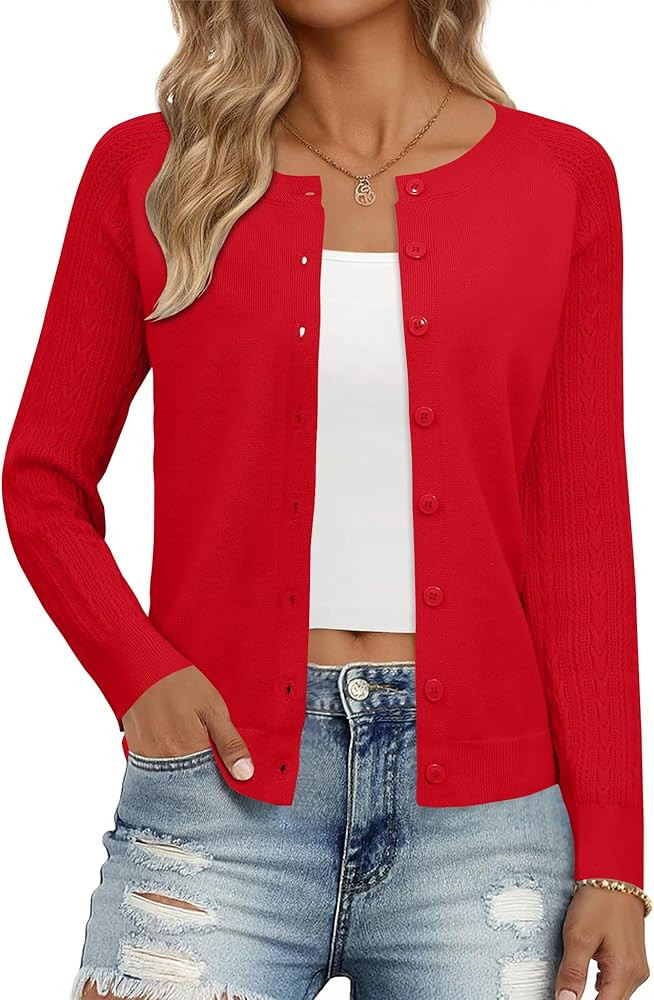 Ivicoer Women's Long Sleeve Cardigan Button Up Cardigan Crew Neck Cable Knit Sweater Trendy Fall ... | Amazon (US)