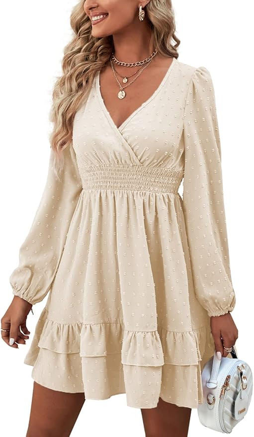 Rooscier Women's Wrap V Neck Swing Ruffle Swiss Dots Long Sleeve Mini Dress | Amazon (US)