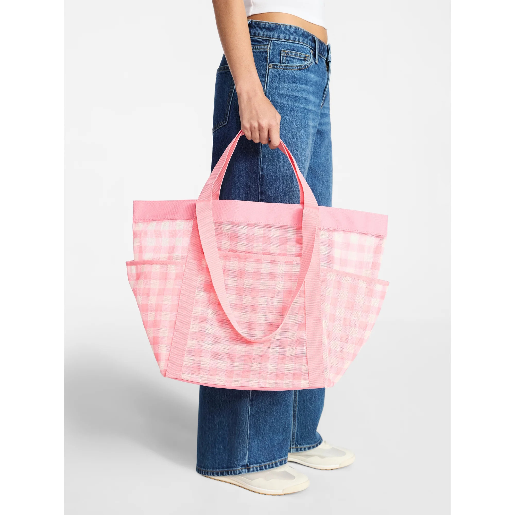 No Boundaries Women's Mesh Tote Bag, Peach Gingham | Walmart (US)