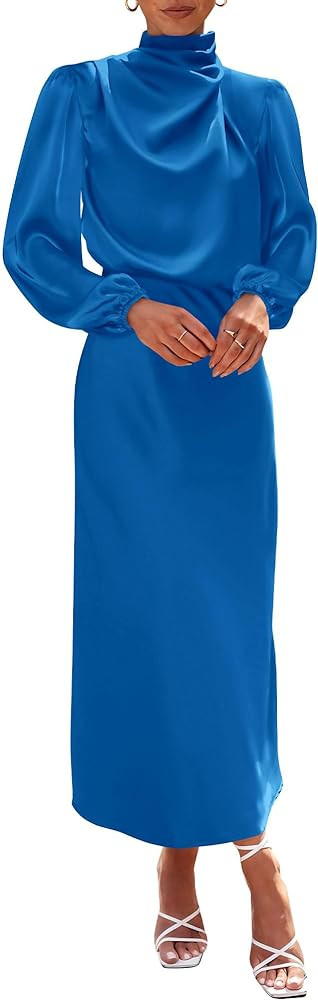 BTFBM Women's Mock Neck Satin Dress Elegant Long Sleeve Elastic High Waist Formal Wedding Cocktai... | Amazon (US)