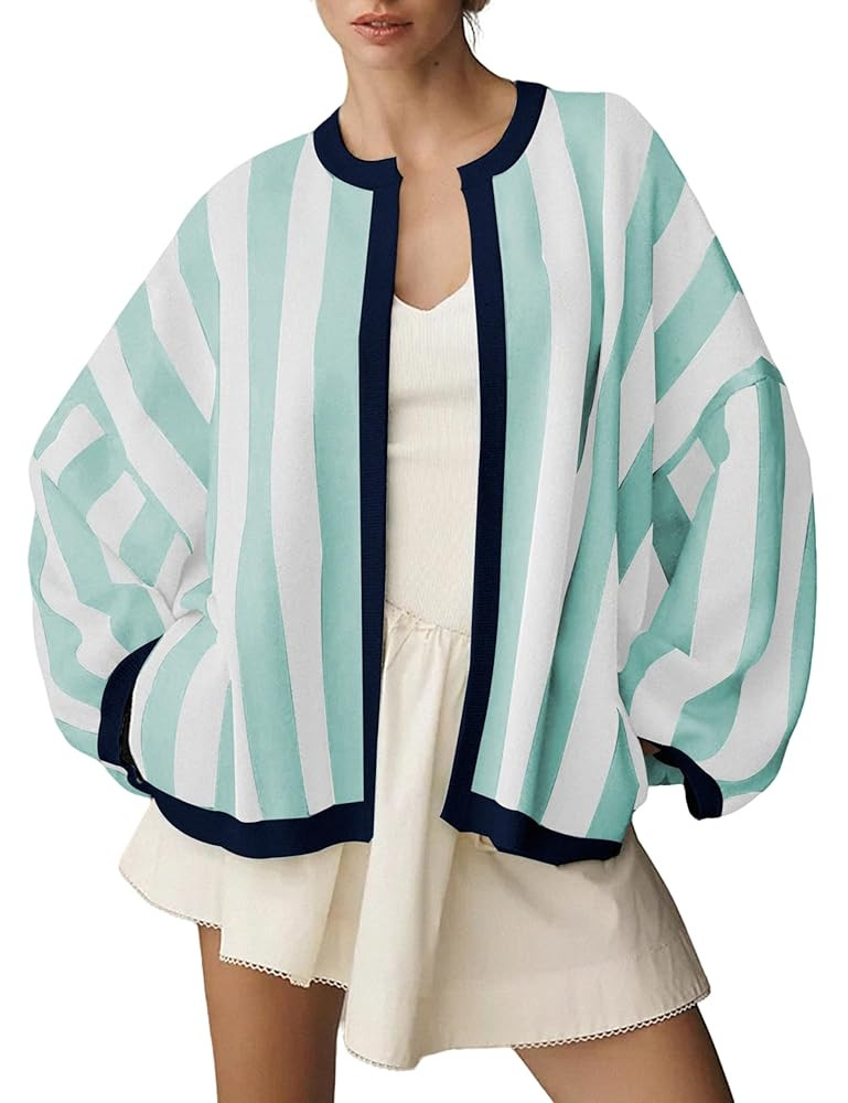 Women's Casual Loose Fit Striped Cardigan Long Balloon Sleeves Open Front Knit Sweater | Amazon (US)