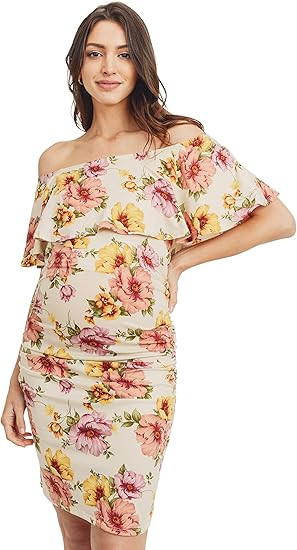 Hello MIZ Women's Floral Ruffle Off Shoulder Maternity Dress - Made in USA | Amazon (US)