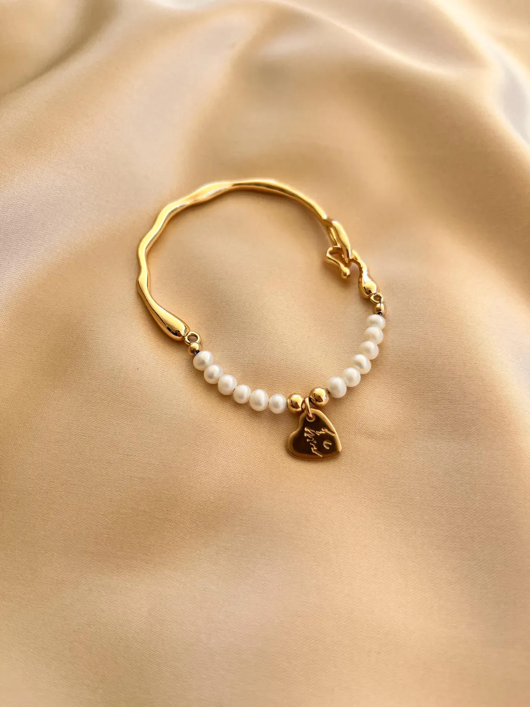 Stamped Castle Pearl Bangle Bracelet | Gold Bangle Bracelet | Pearl and Gold Bangle | Irregular B... | Etsy (US)