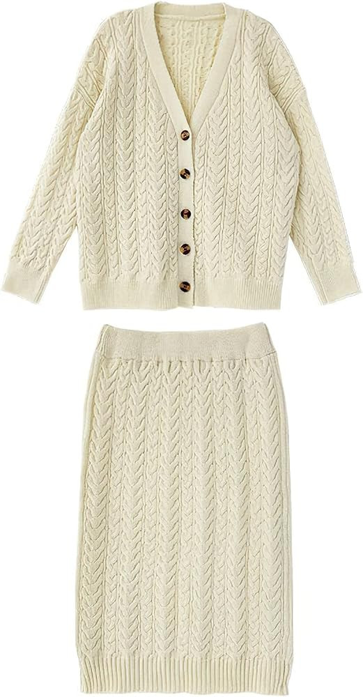 chouyatou Women's 2 Piece Sweater Skirt Set Outfits Cable Knit Button Cardigan Pencil Skirt Sets | Amazon (US)