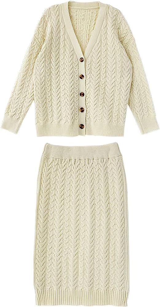 chouyatou Women's 2 Piece Sweater Skirt Set Outfits Cable Knit Button Cardigan Pencil Skirt Sets | Amazon (US)