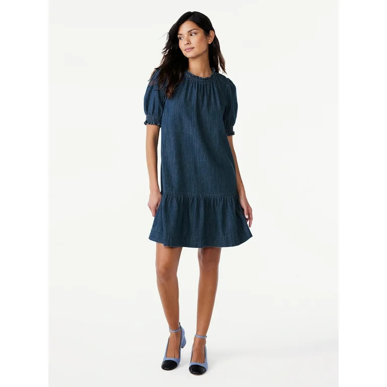Free Assembly Women's Ruffle Neck Denim Mini Dress with Short Sleeves, Sizes XS-XXL | Walmart (US)