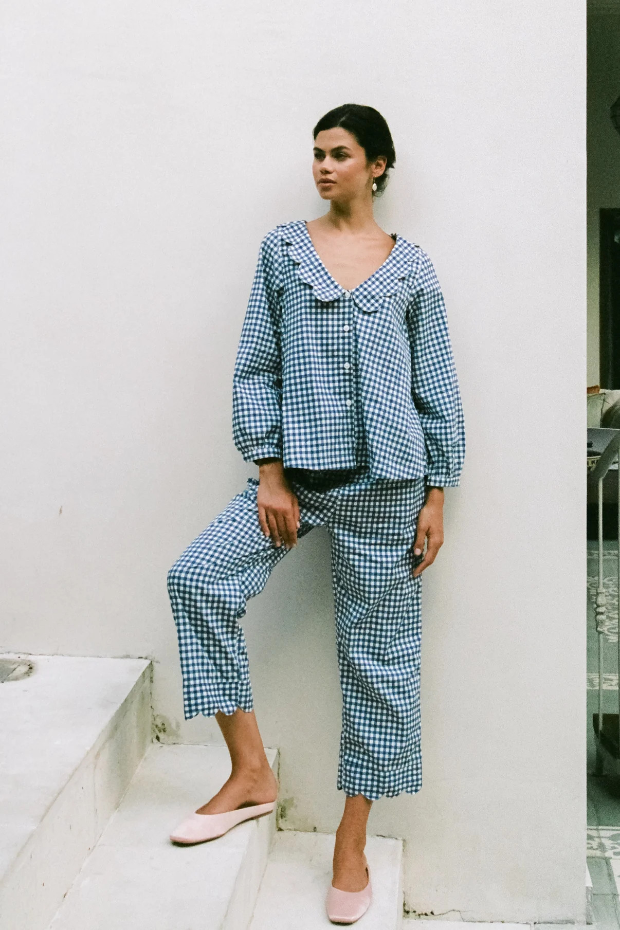 Penelope Sleep Set - Long - Gingham - Navy | Piyama US