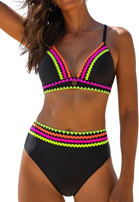 popvil Bikini Set for Women Swimsuit High Waisted Cut Sexy Cheeky Two Piece Neon Shell Edge Bathi... | Amazon (US)