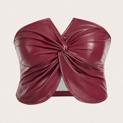 Plus Size Elegant & Sexy Party Burgundy Twist Sleeveless PU Cropped Top For Women, Autumn/Winter | SHEIN