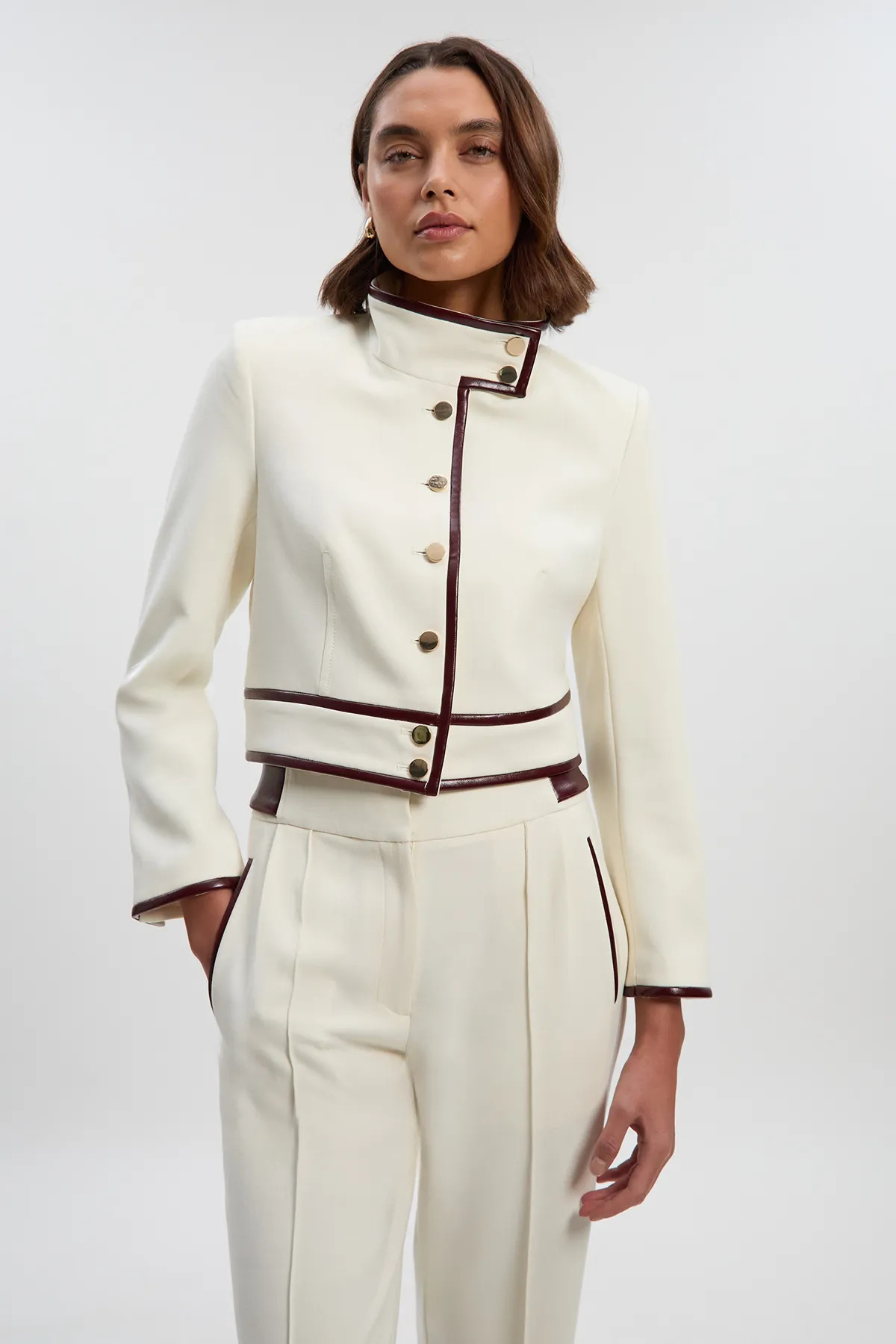 Compact Stretch Pu Mix Tailored Belted Jacket | Karen Millen US