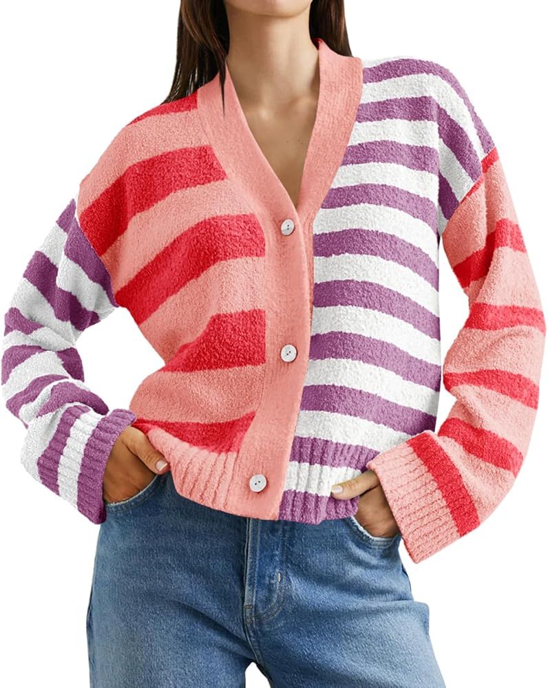 Saodimallsu Womens Striped Cardigan Sweaters V Neck Open Front Button Up Color Block Fuzzy Loose ... | Amazon (US)