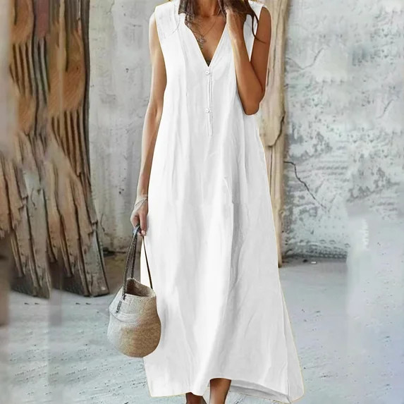 Linen Dress for Women Button V Neck Sleeveless Elegant Loose Dresses Maxi Dress Casual Summer Lon... | Walmart (US)