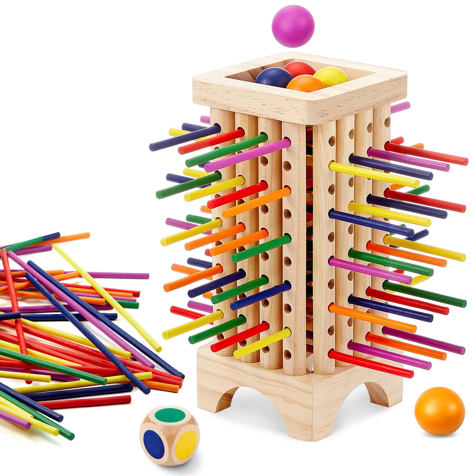 Montessori Game with Colorful Wooden Sticks Tower Dice Ball Wooden Board Games Fine Motor Skills ... | Amazon (US)