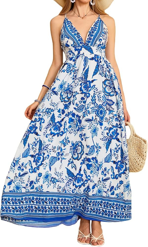 MakeMeChic Women's Summer Backless Dress Vacation Maxi Sundress Boho Floral Print V Neck Flare Ca... | Amazon (US)