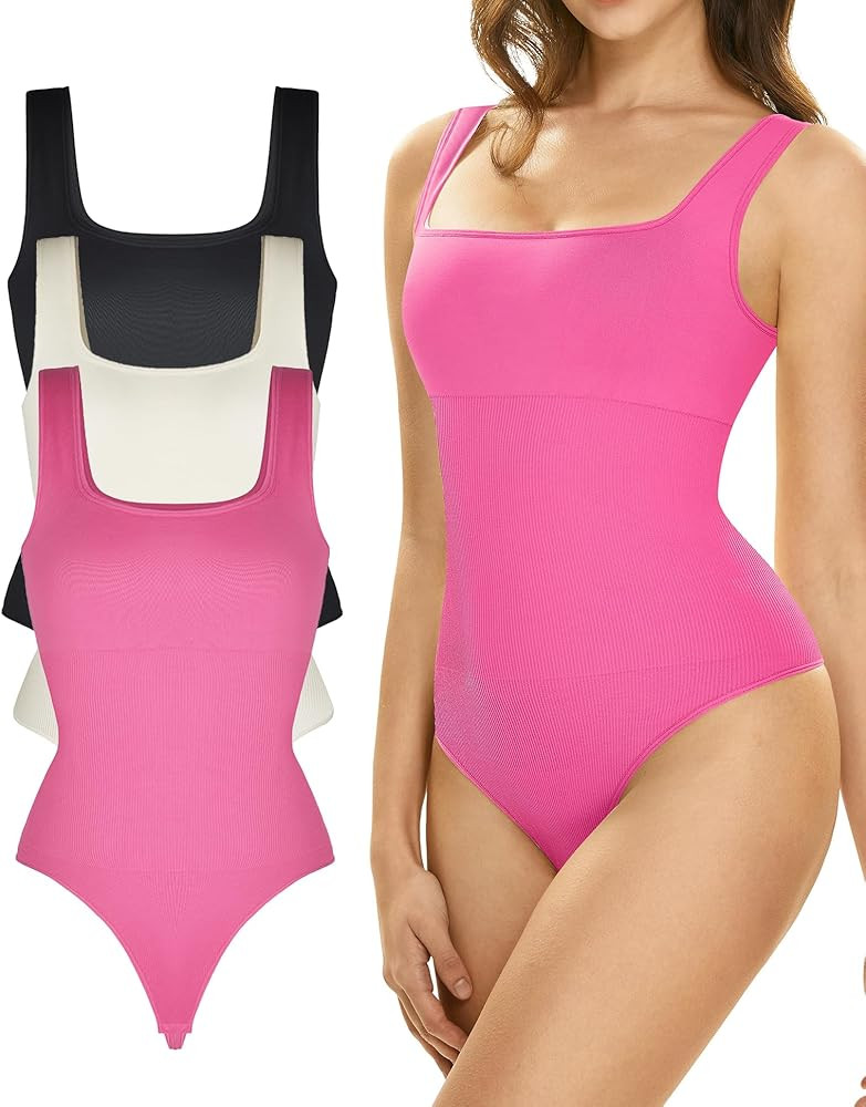 Lover-Beauty 3 Pack Bodysuits for Women Ribbed Thong V Neck Sculpting Shapewear | Amazon (US)