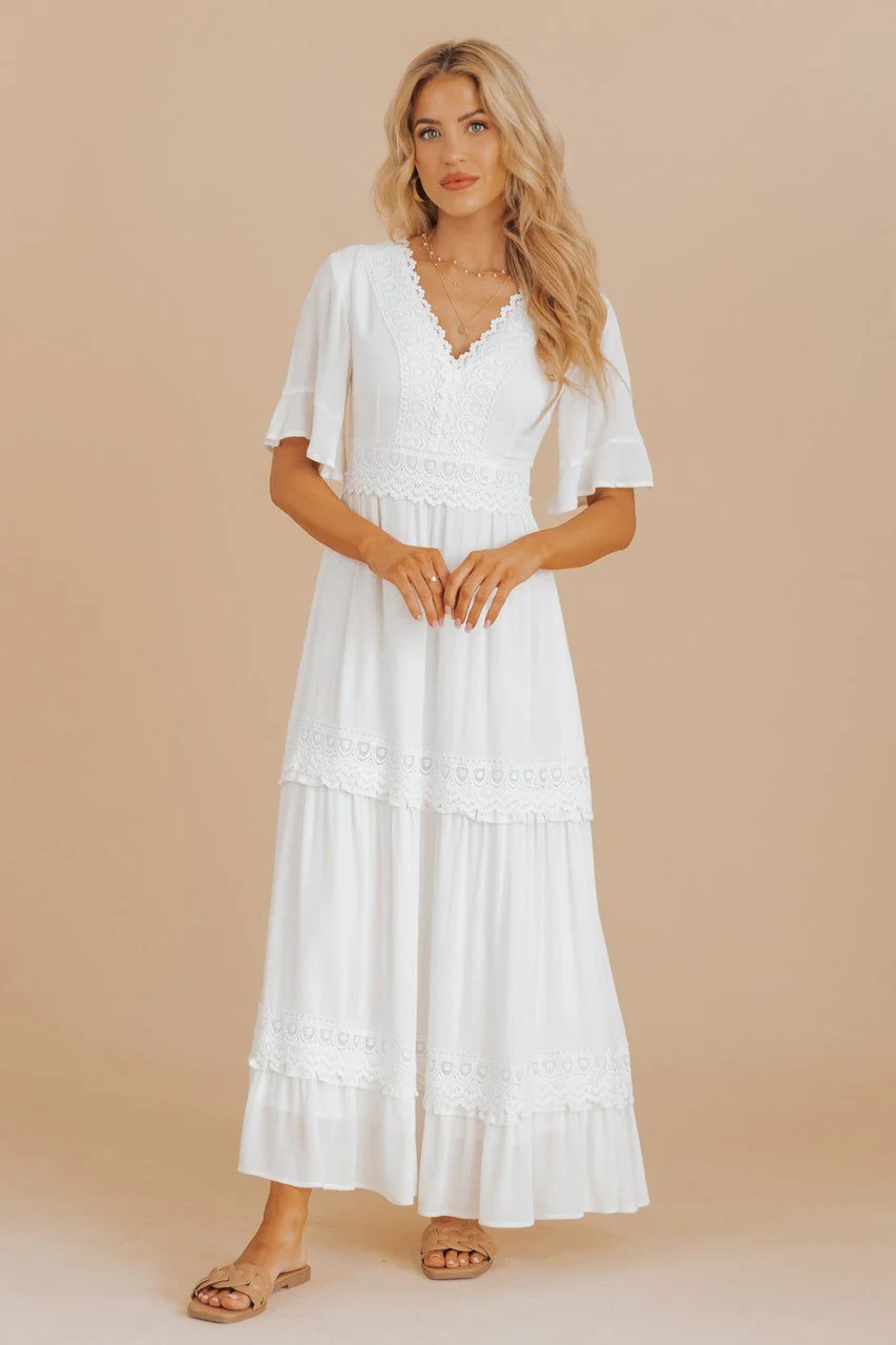 White Short Sleeve V Neck Lace Detail Maxi Dress | Magnolia Boutique | Magnolia Boutique