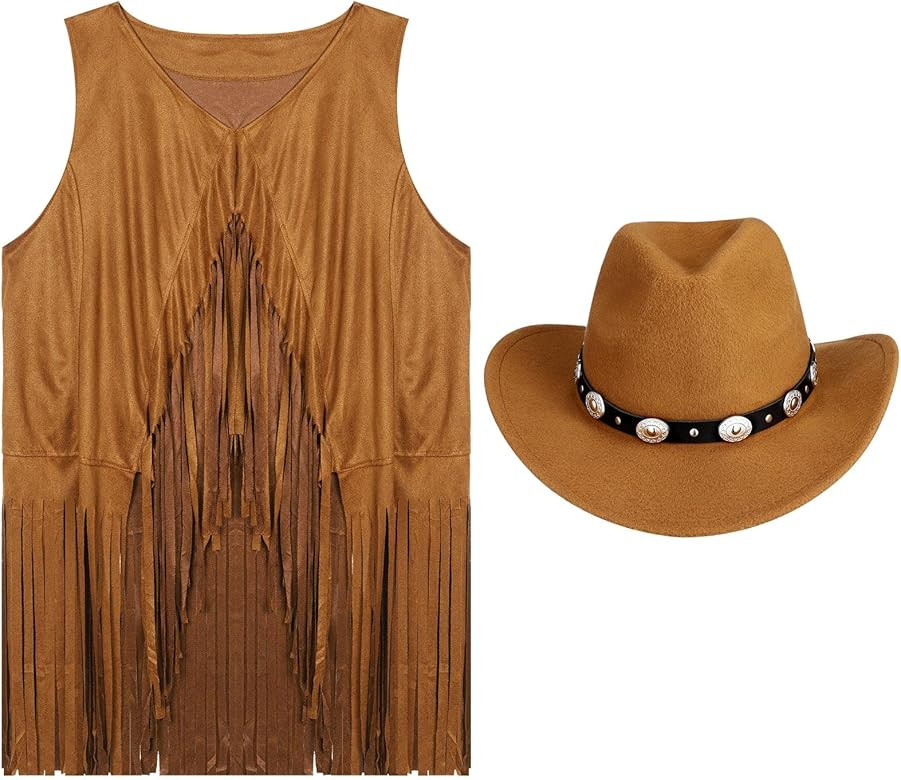 Jeyiour Set of 2 Cowgirl Outfits for Women Halloween 70s Hippie Cowboy Hat Fringe Vest Western Ha... | Amazon (US)