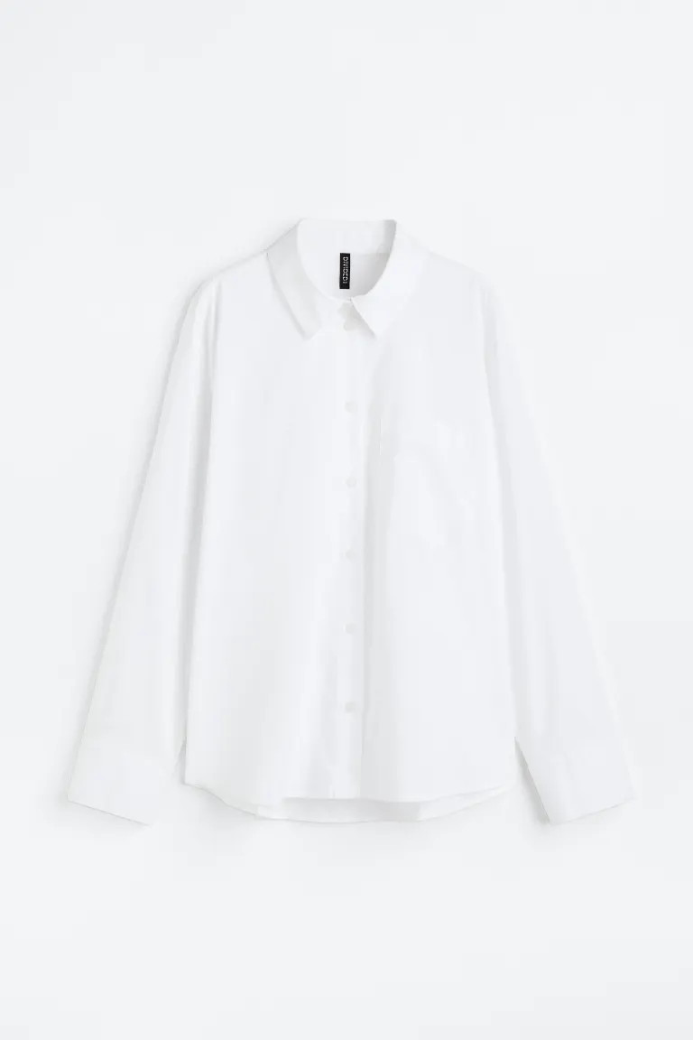 Camisa en popelina de algodón - Manga larga - Largo normal - Blanco - MUJER | H&M ES | H&M (FR, IT, ES, PT, BE)