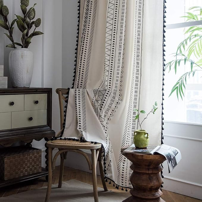 ColorBird Geometric Semi-Blackout Window Curtains 2 Panels Boho Linen Room Darkening Curtains Tas... | Amazon (US)