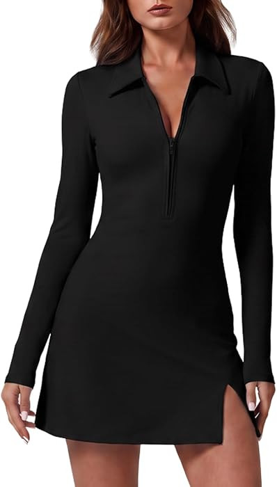 QINSEN Womens Two Pieces Zip Front Tennis Dress with Shorts Long Sleeve Polo Collar Workout Golf ... | Amazon (US)