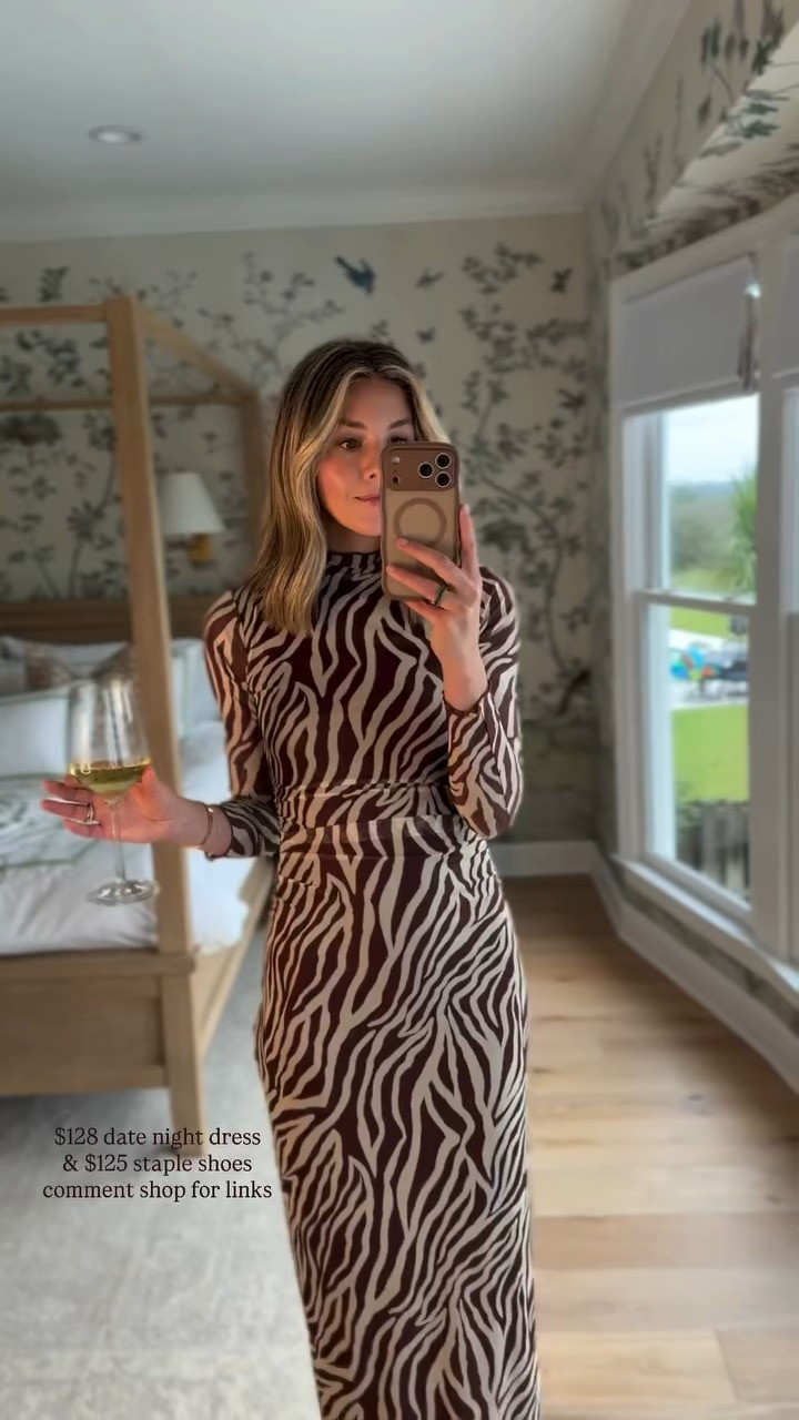 such a good date night look for fall. i love the chocolate brown print + fitted midi shape, and the simple strappy heels keep it feeling really chic without doing too much. the dress is $138 and the heels are $125, both such good finds for dinners, events, or any night you want to feel a little extra.  

 #LTKSeasonal