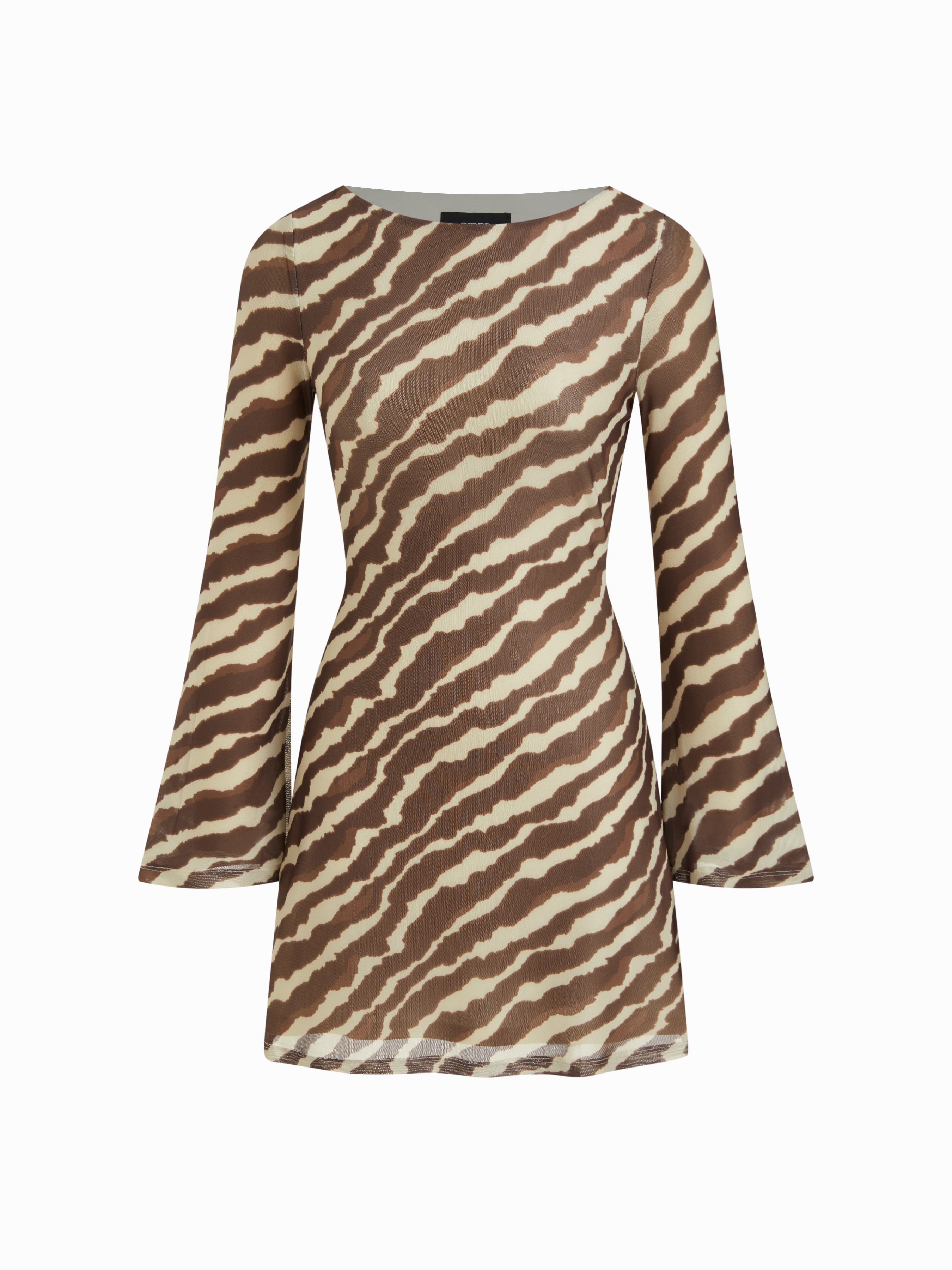 Knit Fabric Boat Neck Zebra Stripe Bell Sleeve Mini Dress For Daily Casual | Cider