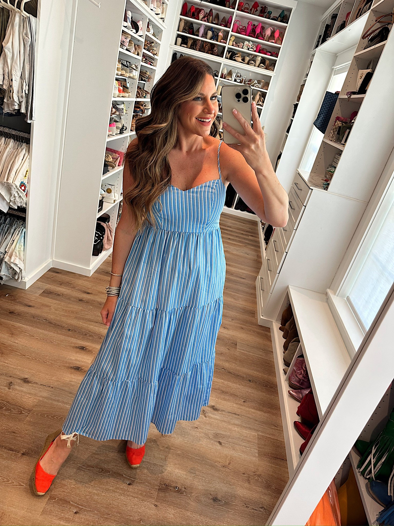 In a small blue and white stripe maxi, tie up espadrille wedges and accessories for patriotic look- fits tts.

#LTKSeasonal #LTKStyleTip #LTKFindsUnder50