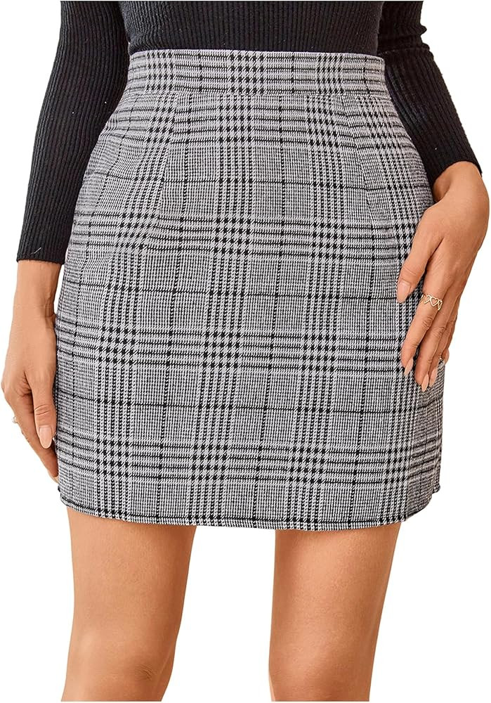 Floerns Women's Plaid High Waist Bodycon Split Mini Skirt | Amazon (US)