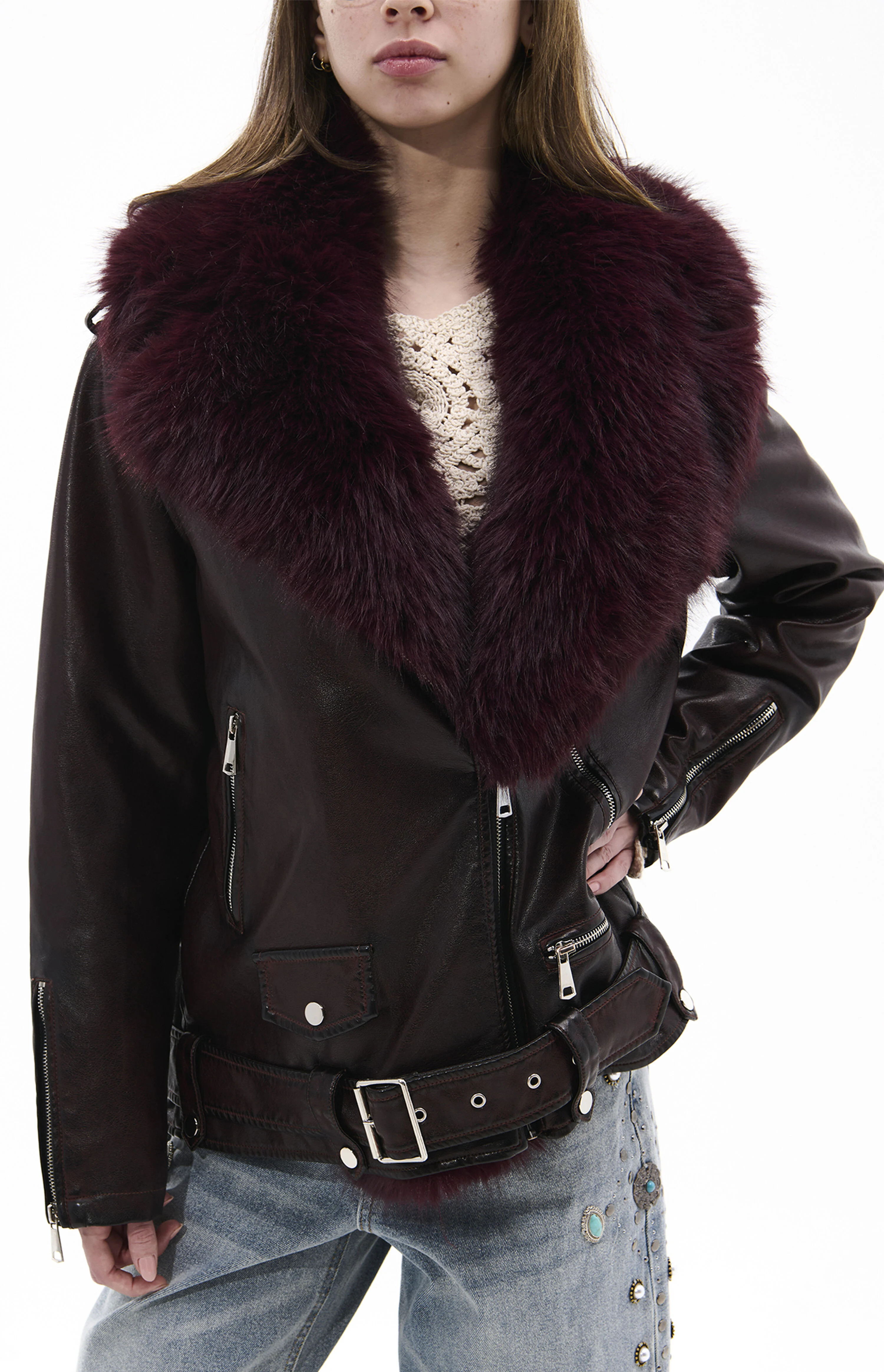 AZALEA WANG Aurelia Burgundy Faux Leather & Fur Moto Jacket | PacSun