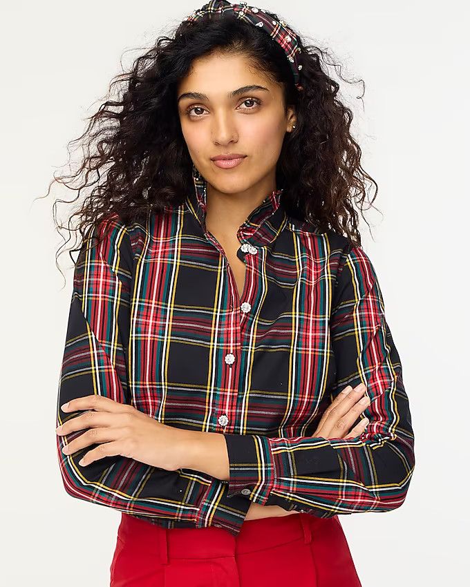 Tartan ruffle button-up shirt with jeweled buttons | J.Crew Factory