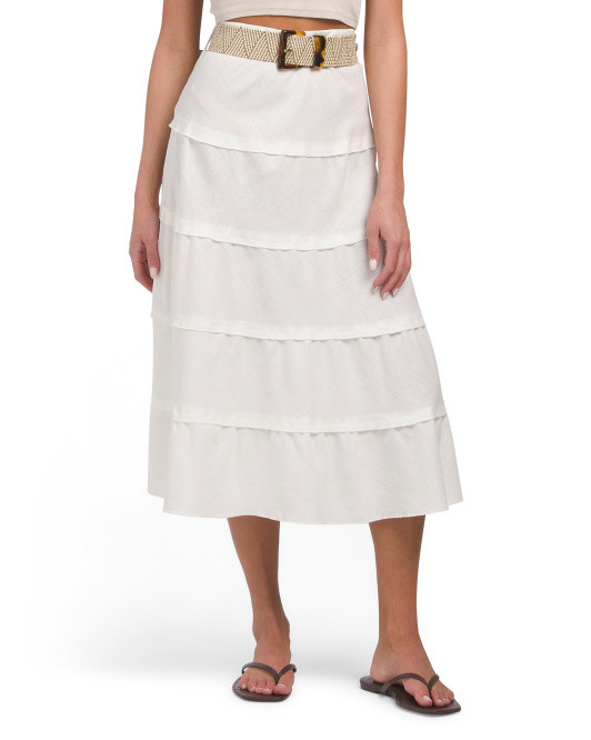 Linen Blend Tiered Skirt With Stretch Belt | TJ Maxx