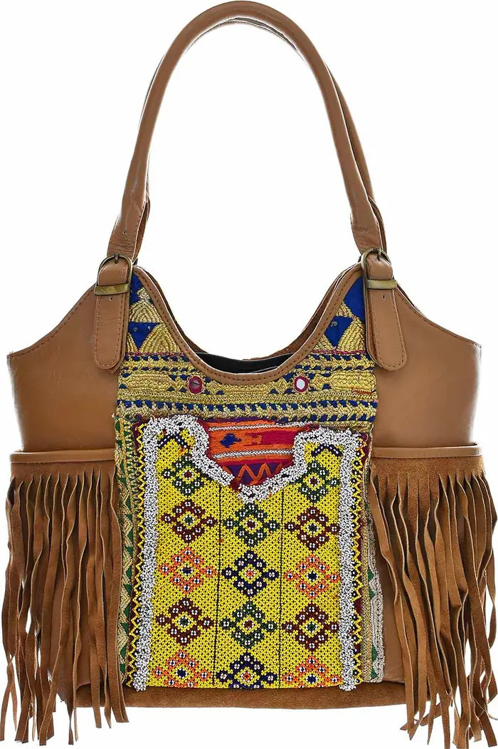 VINTAGE ADDICTION Leather & Vintage Fabric Fringe Tote | Nordstromrack | Nordstrom Rack