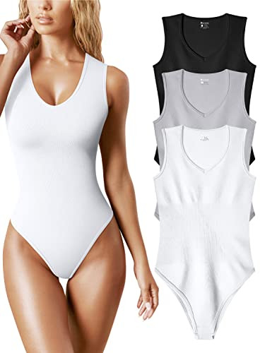 OQQ Women's 3 Piece Bodysuits Sexy Ribbed V Neck Sleeveless Tank Tops Bodysuits Black Grey White | Amazon (US)