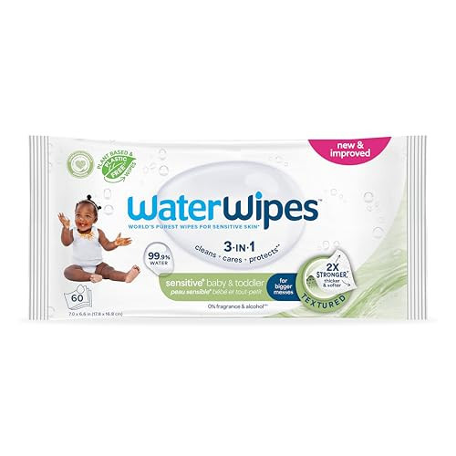 WaterWipes Sensitive+ Baby & Toddler Wipes, 3-In-1 Cleans, Cares, Protects, 99.9% Water, Textured Clean, Unscented & Hypoallergenic, 60 Count (1 Pack) | Amazon (US)