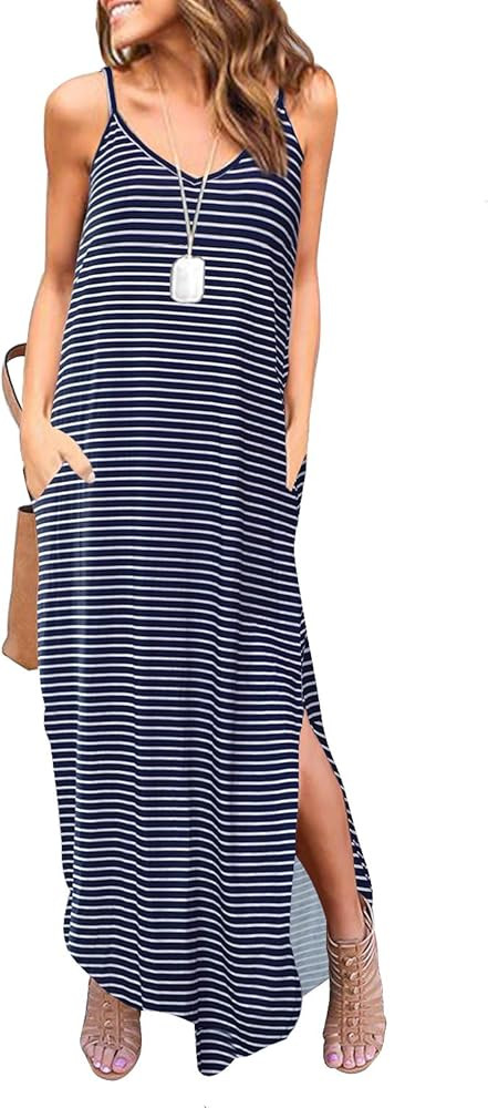 HUSKARY Women's Summer Casual Sleeveless V Neck Strappy Split Loose Dress Beach Cover Up Long Cam... | Amazon (US)