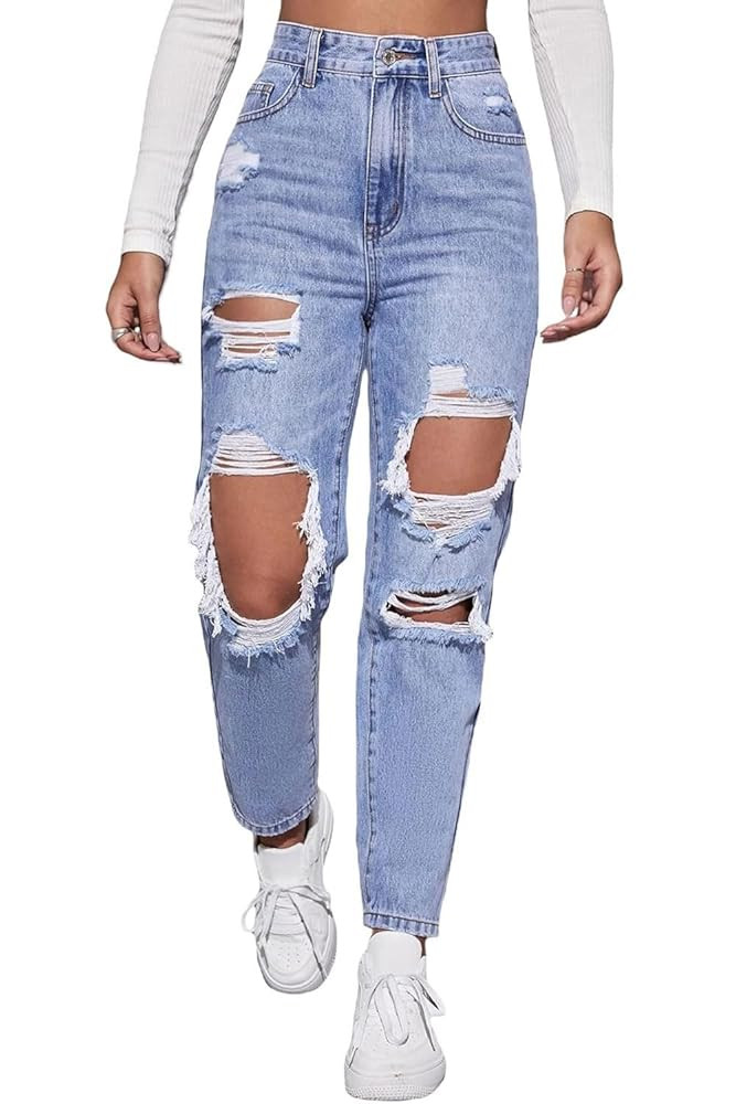 Jelove Women's High Waist Boyfriend Straight Leg Ripped Jeans Distressed Denim Pants | Amazon (US)