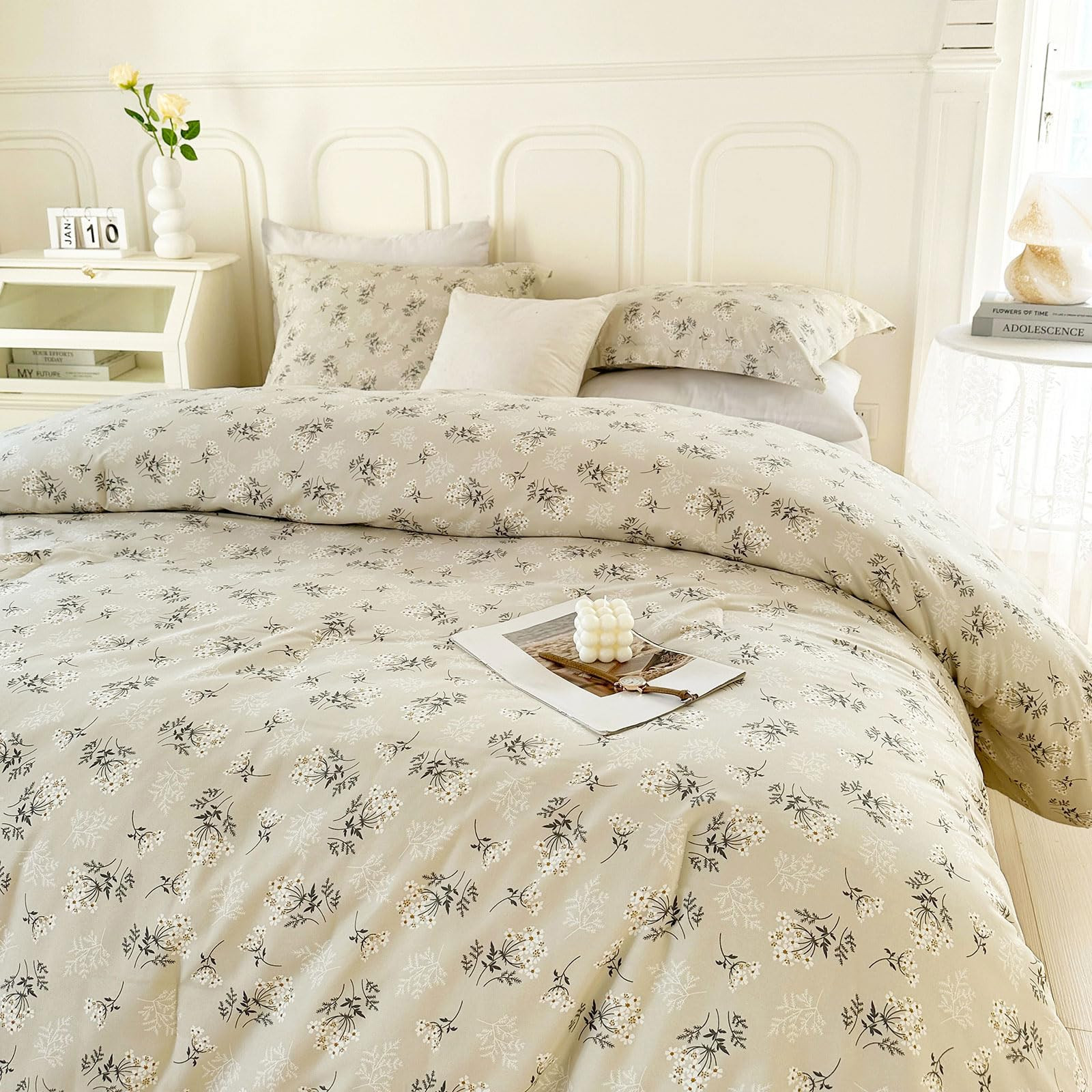 EAVD Boho Floral Comforter Set Queen Soft Washed Microfiber Garden Beige Floral Bedding Queen Com... | Amazon (US)