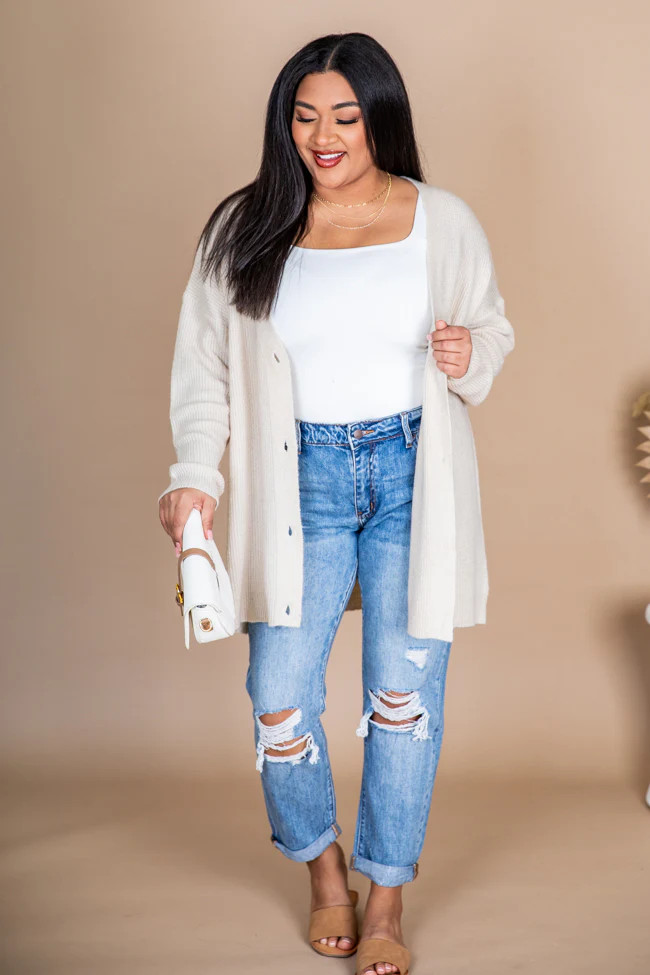 You Are Enough Beige Long Button Front Cardigan | Pink Lily