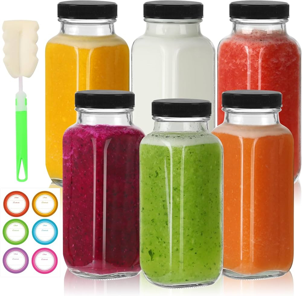 8 oz Glass Juice Bottles with Lids 6 Pack,Reusable Glass Drink Bottles,250ml Water Drinking Jars ... | Amazon (US)