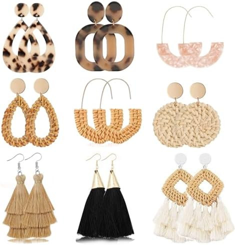 9Pairs Women Earrings Rattan Earrings Hoop Earrings Boho Tropical Geometric Earrings Tassel Woven... | Amazon (CA)