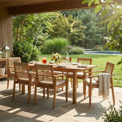 Christopher Knight Home Andiez Modern 7 Piece Patio Acacia Dining Set with Expandable Slatted Table and Rope Design, Teak/Beige | Target