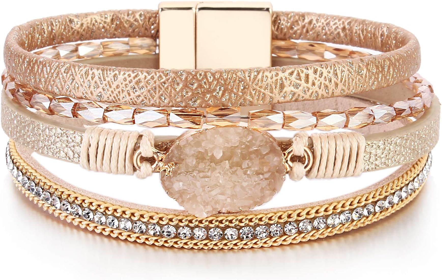 Leather Wrap Bracelet Boho Cuff Bracelets Crystal Bead Bracelet with Magnetic Clasp Jewelry Gifts... | Amazon (US)