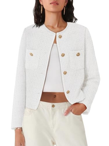 Women's Tweed Blazer Jackets Long Sleeve Business Button Down Casual Cropped Outfits with Pockets Off White | Amazon (US)