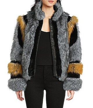 Azalea Wang Cora Grey Multi Faux Fur Stand Collar Zip Front Coat - S | Dillard's