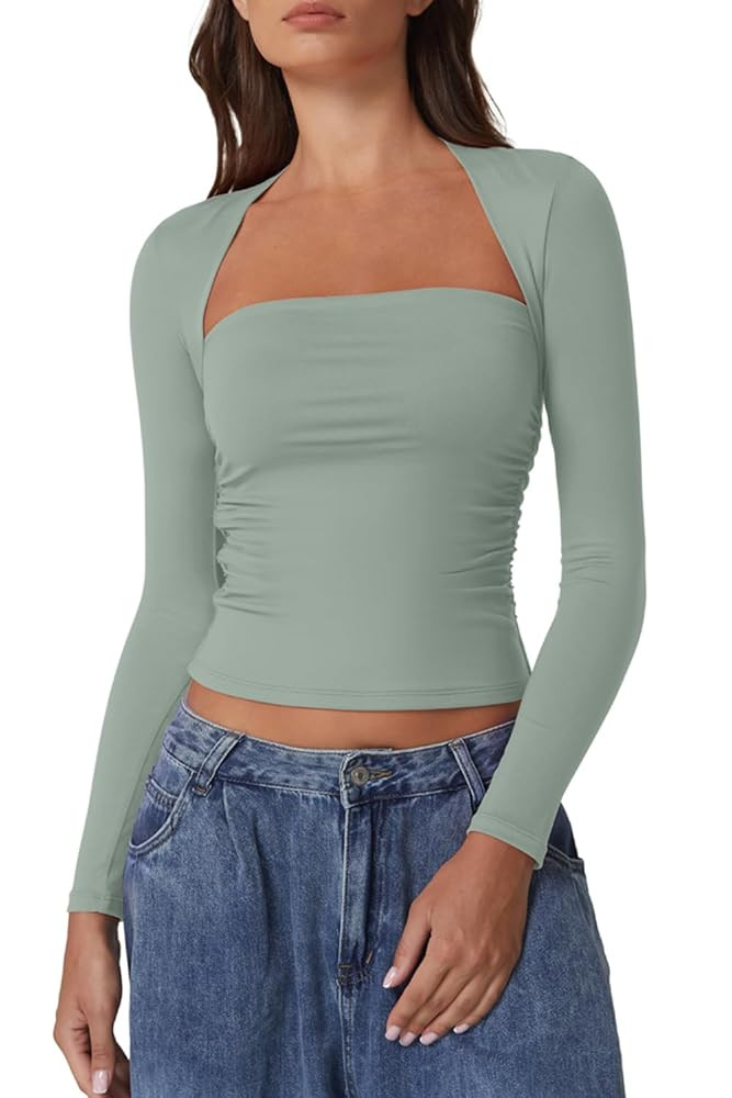 QINSEN Womens Square Neck Long Sleeve Tops Double Lined Slim Fit Going Out Tee Shirt Crop Top | Amazon (US)