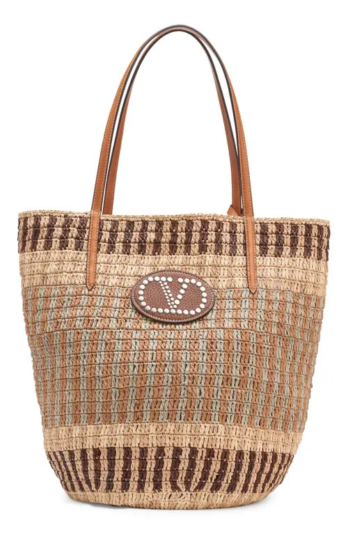 Valentino Garavani VLOGO Crochet Raffia Basket Tote in Aef Beige/Camel/Selleria at Nordstrom | Nordstrom