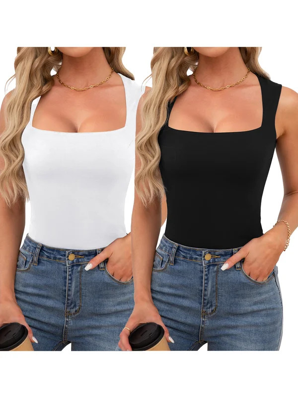 2PCS Womens Square Neck Tank Tops Dressy Summer Sleeveless Shirts Sexy Going Out Fitted Trendy To... | Walmart (US)