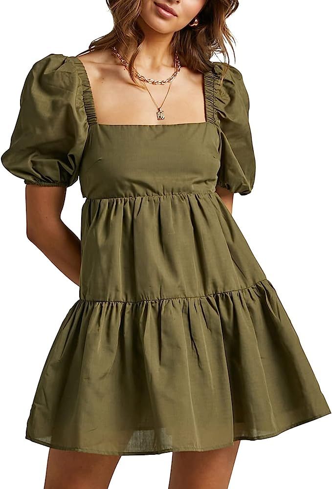 Amazon.com: OWNGIGI Womens Square Neck Lantern Sleeve Dress High Waisted Tie Back Casual A-Line M... | Amazon (US)