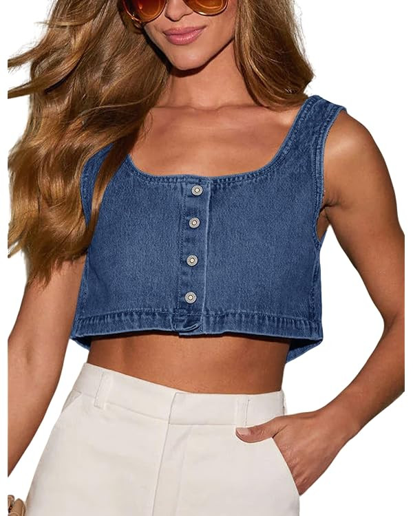 Limerose Women's Reversible Denim Tank Top Button Front Crop Sleeveless Cami | Amazon (US)